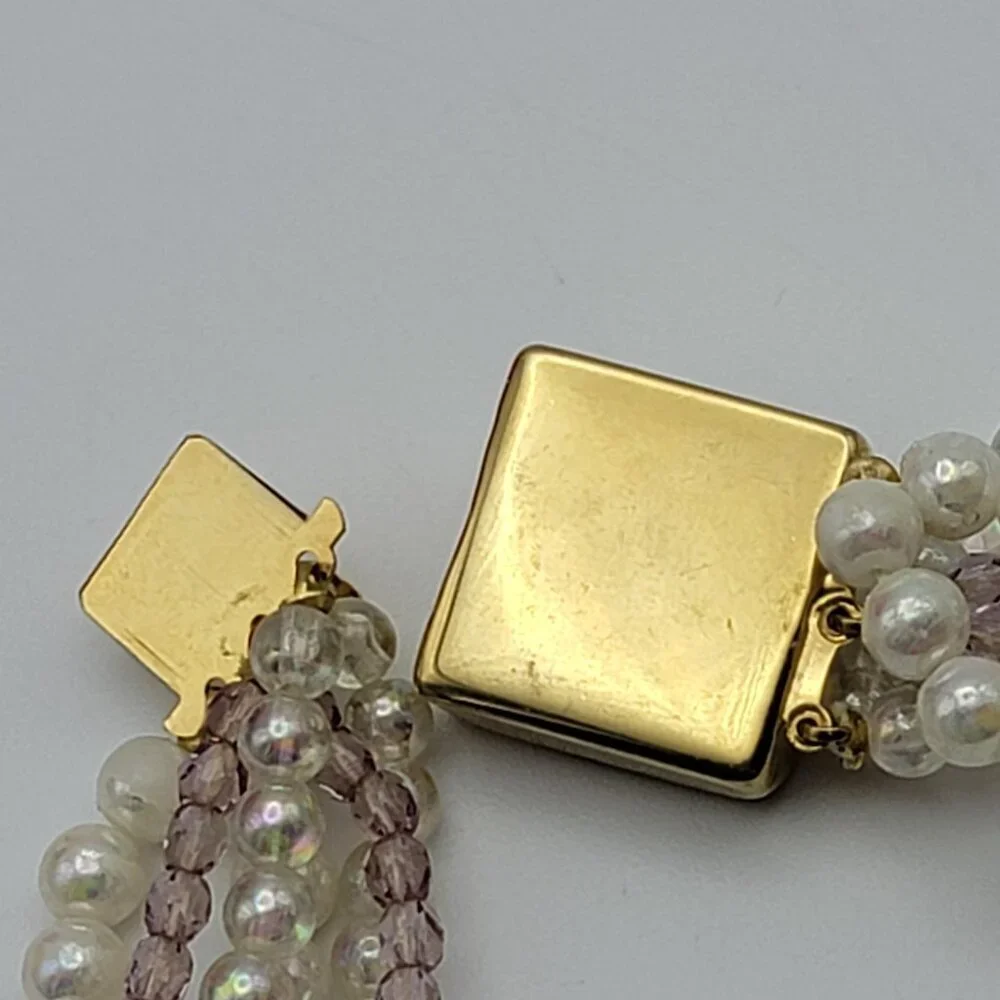 Vintage Faux Pearl Necklace White And Pink Multi Strand Gold Tone Box Clasp 17